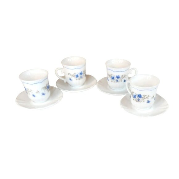 Arcopal France Demitasse Cups & Saucers Set Of 4 White With Blue Floral Design - Picture 11 of 11